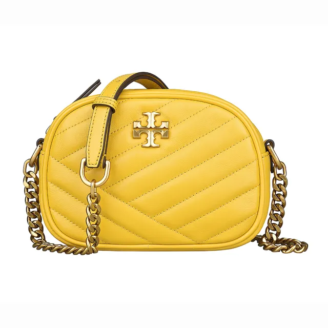 【TORY BURCH】TORY BURCH KIRA CHEVRON 金色雙T LOGO絎縫設計羊皮拉鍊斜背包(金黃)
