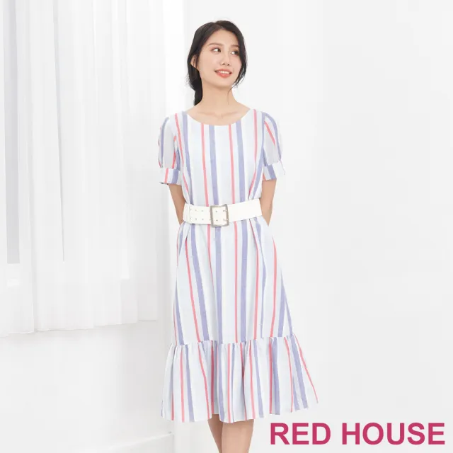 【RED HOUSE 蕾赫斯】配色條紋剪接洋裝-附腰帶(共2色)