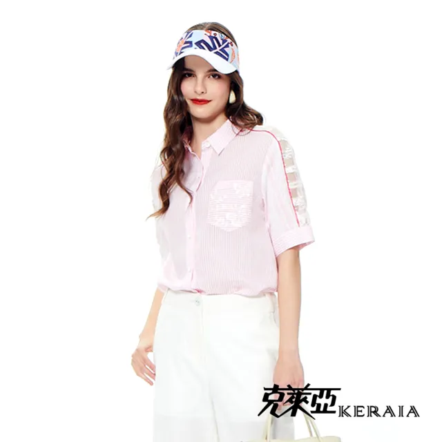 【KERAIA 克萊亞】櫻花綻放時蕾絲拼接條紋長襯衫