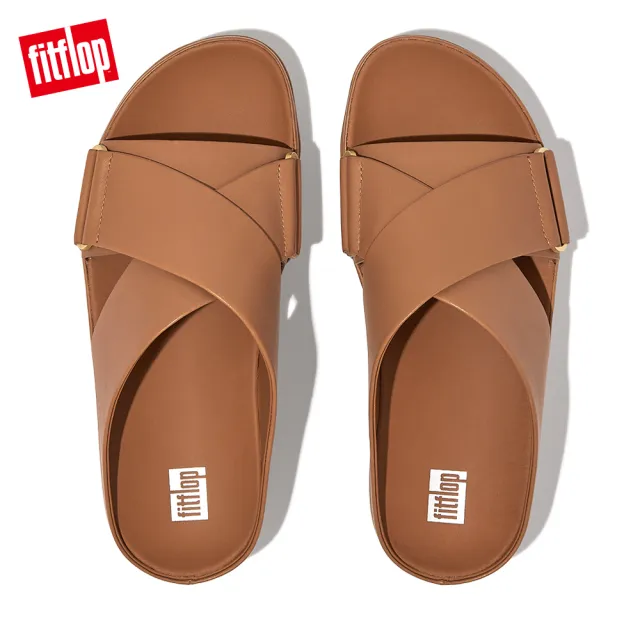 【FitFlop】SHUV LEATHER CROSS SLIDES簡約造型交叉涼鞋-女(拿鐵棕褐色)