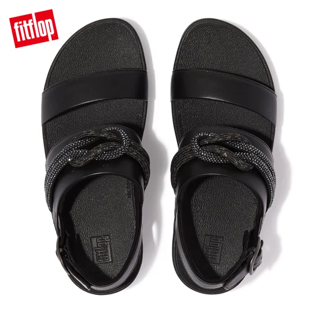 【FitFlop】OLIVE CRYSTAL-CORD LEATHER BACK-STRAP SANDALS雙帶可調式釦環後帶涼鞋-女(黑色)