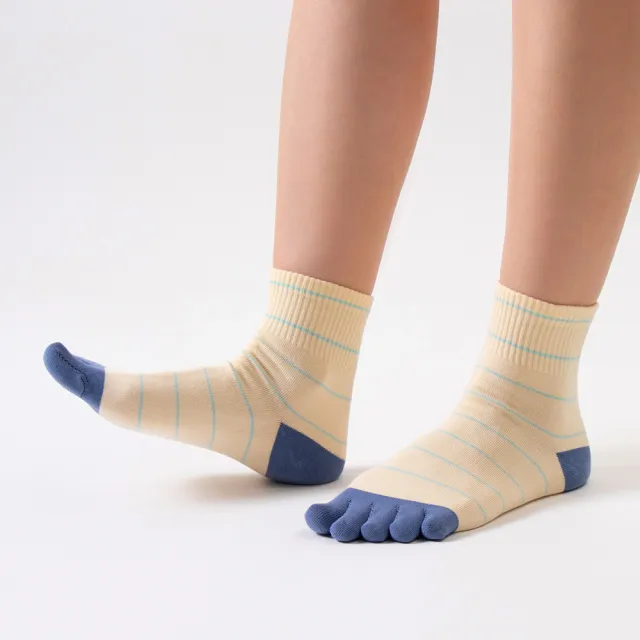 【WARX】薄款條紋美容中筒五趾襪-鵝黃(除臭襪)