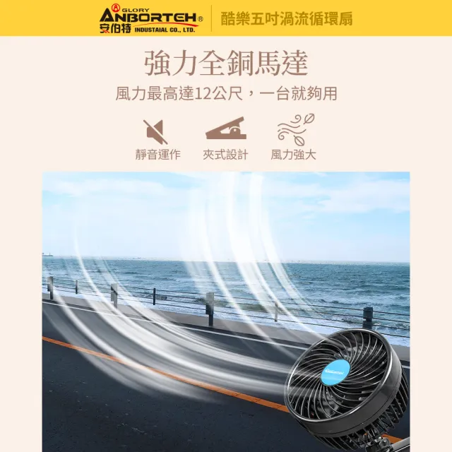 【ANBORTEH 安伯特】酷樂五吋渦流循環扇-快(車用電扇 夾式風扇 車用電風扇)