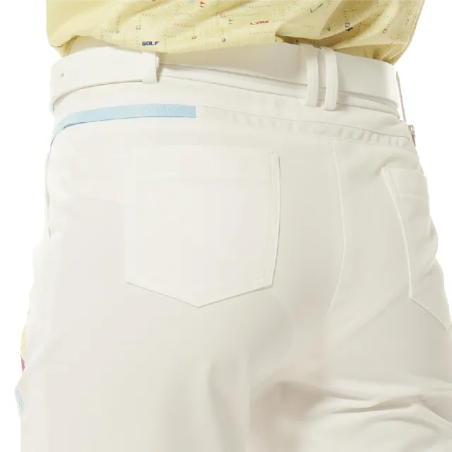 【Lynx Golf】女款彈性舒適布料口袋透氣織帶設計魔術方塊系列繡花窄管長褲(白色)