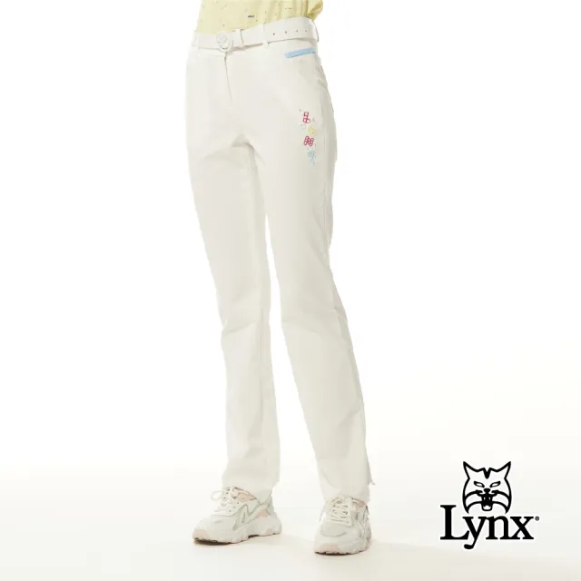 【Lynx Golf】女款彈性舒適布料口袋透氣織帶設計魔術方塊系列繡花窄管長褲(白色)