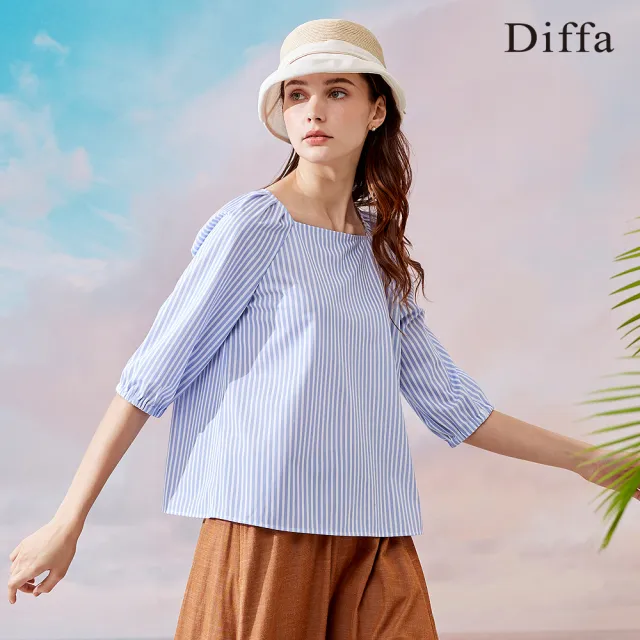 【Diffa】藍白條拉克蘭袖速乾上衣-女