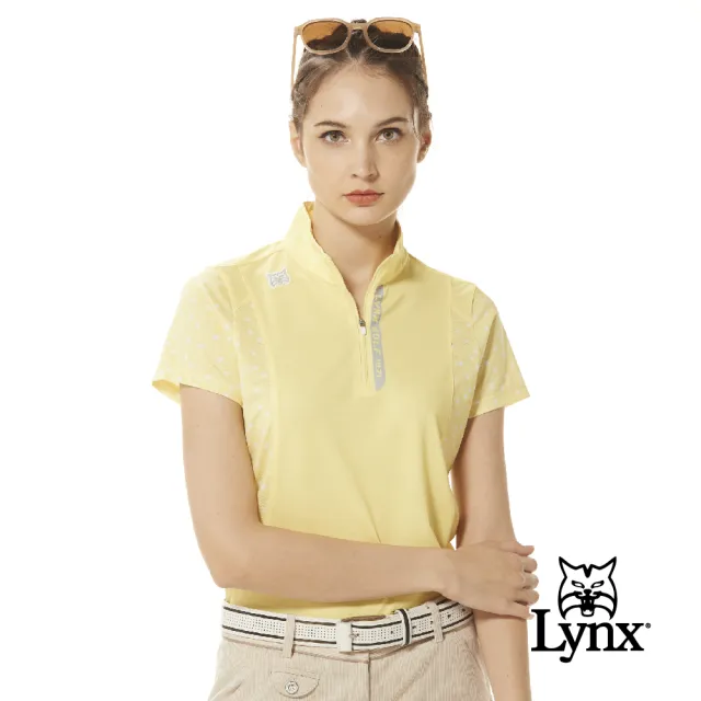 【Lynx Golf】女款吸排抗UV合身版反光印花山貓矽膠車標短袖立領POLO衫/高爾夫球衫(二色)