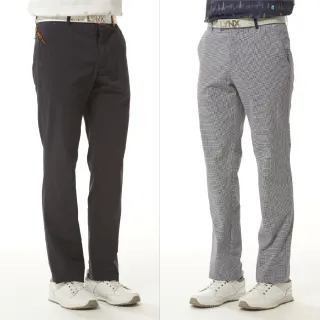 【Lynx Golf】男款日本進口布料吸排功能彈性材質造型織帶設計百搭格紋平口休閒長褲(二色)