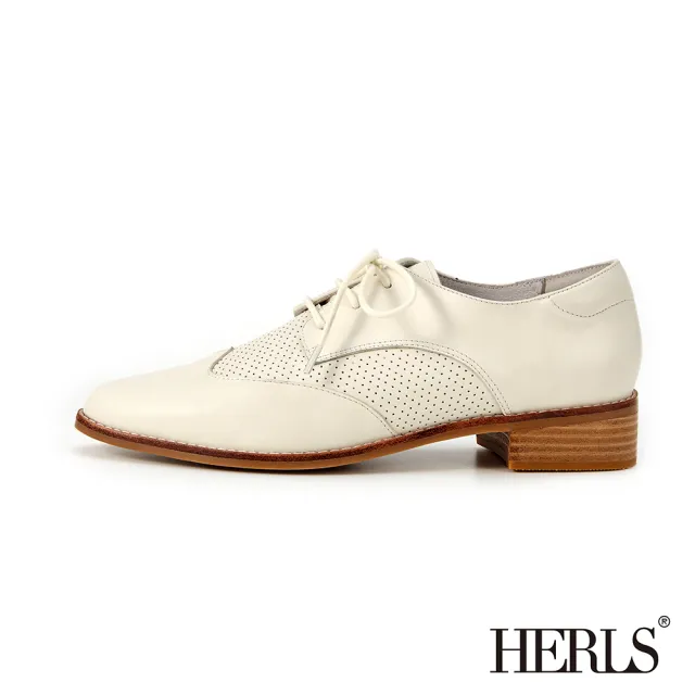 【HERLS】德比鞋-全真皮沖孔翼紋尖頭低跟德比鞋(米白色)
