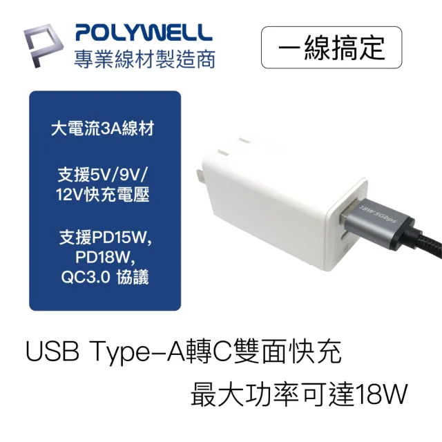 【POLYWELL】USB 3.1傳輸線 Type-C To Ａ /2M