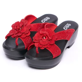 【ee9】奢華璀璨晶鑽立體花朵厚底夾腳拖鞋-紅色-7605151340(夾腳拖鞋)
