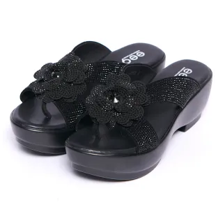 【ee9】奢華璀璨晶鑽立體花朵厚底夾腳拖鞋-黑色-7605151310(夾腳拖鞋)