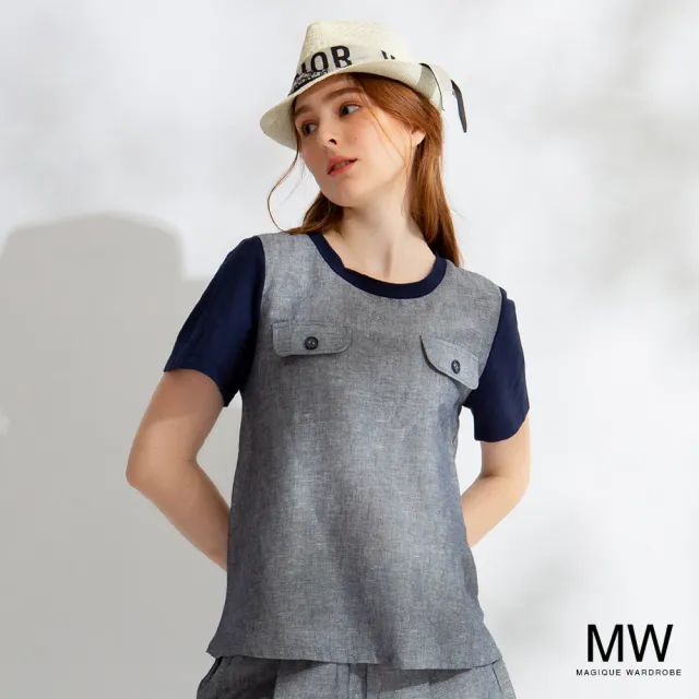 【MAGIQUE WARDROBE】亞麻棉釦飾撞色拼接上衣(2色)