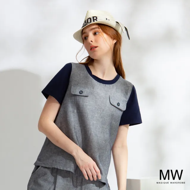 【MAGIQUE WARDROBE】亞麻棉釦飾撞色拼接上衣(2色)