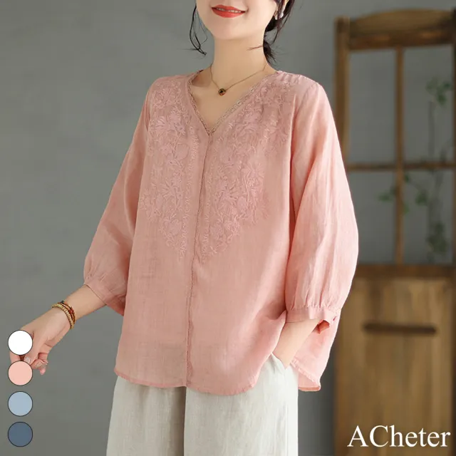【ACheter】棉麻七分袖V領刺繡薄款棉麻氣質寬鬆短版上衣#117489(4色)