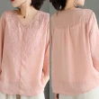 【ACheter】棉麻七分袖V領刺繡薄款棉麻氣質寬鬆短版上衣#117489(4色)