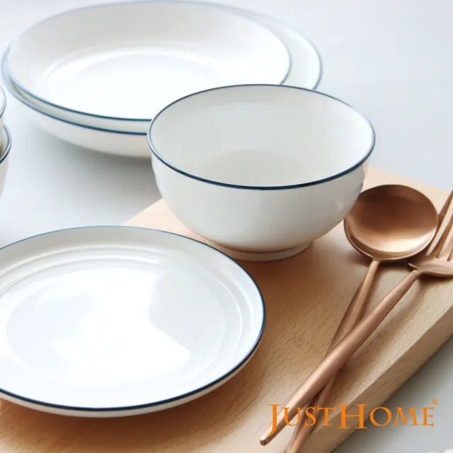 【Just Home】簡約純白藍邊陶瓷4.5吋飯碗/中式飯碗