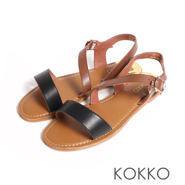 【KOKKO 集團】一字撞色不對稱拉帶平底涼鞋(黑色)