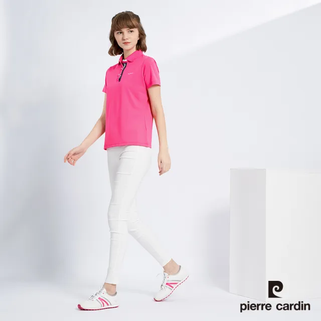 【pierre cardin 皮爾卡登】網路獨家 女款 Hi Cool吸濕排汗彈性網眼素面短袖POLO衫-桃紅色(8227291-75)