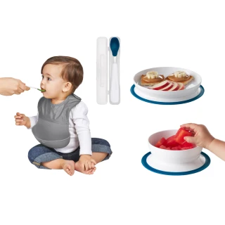 【OXO】寶寶好好吃4件組-好吸力學習碗+好吸力學習餐盤+隨行矽膠湯匙+好棒棒圍兜