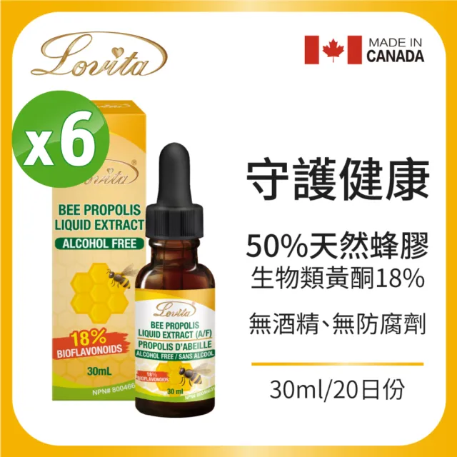 【Lovita 愛維他】加拿大蜂膠滴液50% 6入組(共180ml;18%生物類黃酮)
