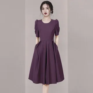 【米蘭精品】洋裝 連身裙(嫣紫色復古赫本圓領泡泡袖連衣女裙子74ef9)