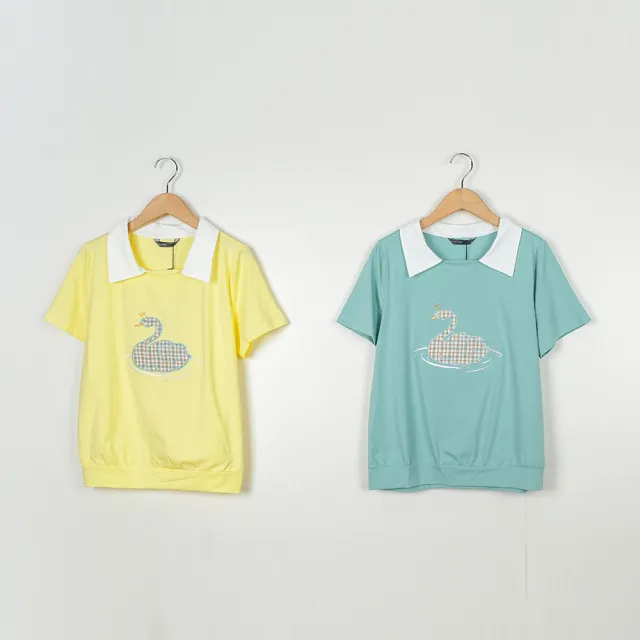 【MASTINA】襯衫領假兩件天鵝貼布繡短袖上衣(綠 黃/魅力商品)