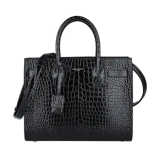 【YSL】YSL Sac De Jour燙銀字LOGO小牛皮鱷魚紋開口式手提/斜背風琴包(展示品/黑)
