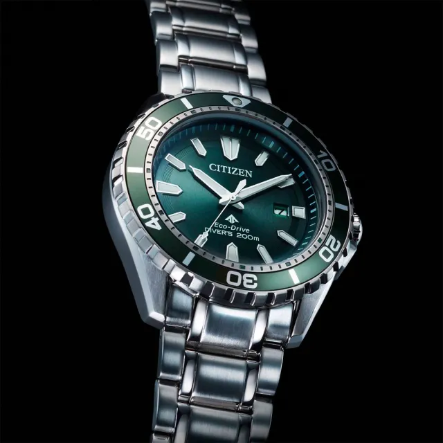 【CITIZEN 星辰】PROMASTER MARINE 光動能200米潛水錶-銀x綠/44.5mm 錶 生日禮 送禮(BN0199-53X)