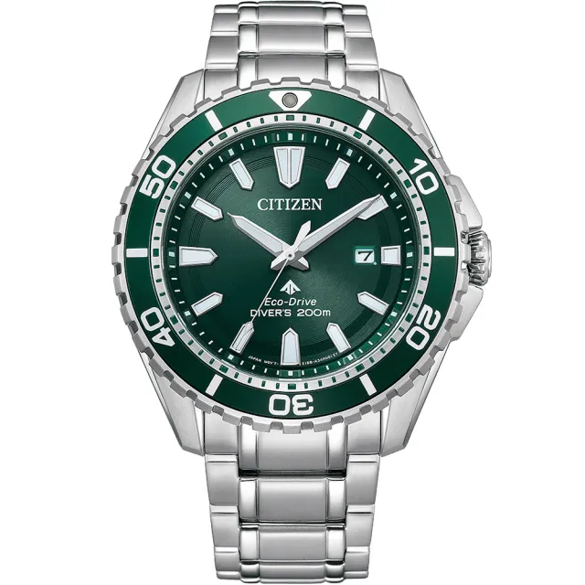 【CITIZEN 星辰】PROMASTER MARINE 光動能200米潛水錶-銀x綠/44.5mm 錶 生日禮 送禮(BN0199-53X)