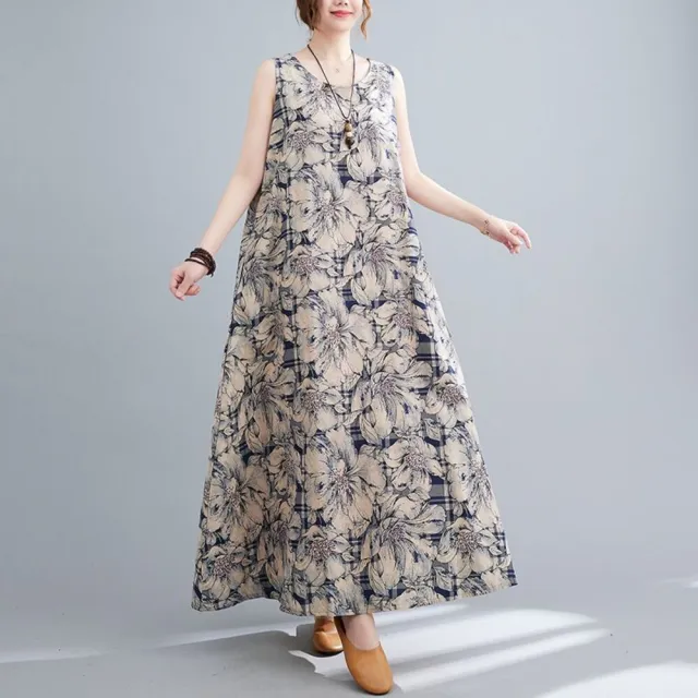 【漂亮小媽咪】夏日 度假風 印花 洋裝 棉麻 連身裙 無袖 露肩 亞麻 花朵 