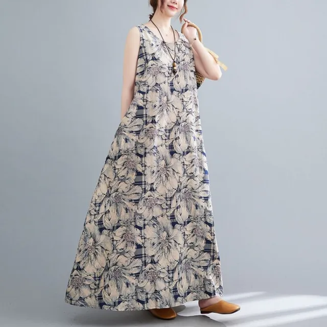 【漂亮小媽咪】夏日 度假風 印花 洋裝 棉麻 連身裙 無袖 露肩 亞麻 花朵