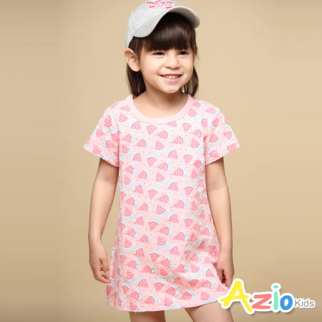 【Azio Kids 美國派】女童  上衣 滿版西瓜印花長版短袖上衣(粉)