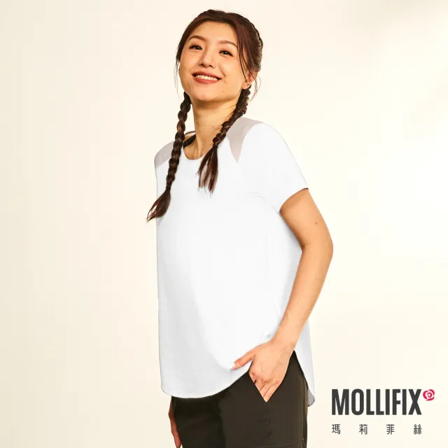 【Mollifix 瑪莉菲絲】撞色拼接短袖訓練上衣、瑜珈服(白)