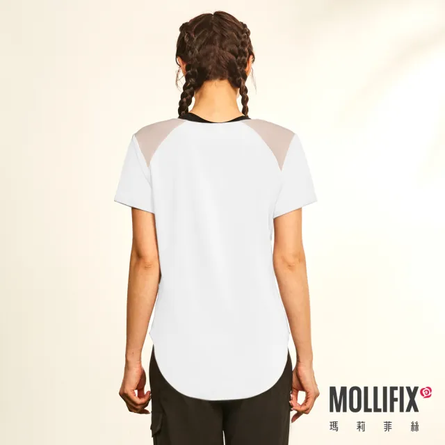 【Mollifix 瑪莉菲絲】撞色拼接短袖訓練上衣、瑜珈服(白)