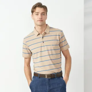【pierre cardin 皮爾卡登】休閒服飾 男款 橫條短袖POLO衫-卡其色(5237261-84)