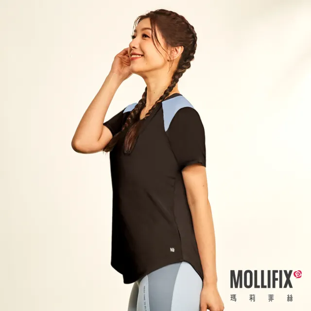 【Mollifix 瑪莉菲絲】撞色拼接短袖訓練上衣、瑜珈服(黑)