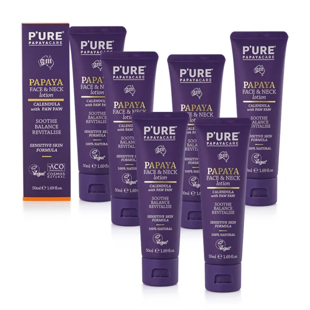 【澳洲 Pure Papayacare】木瓜臉頸乳液含金盞花玻尿酸(6入組 50ml/瓶 專業級)