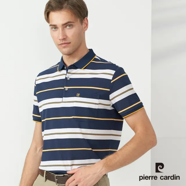 【pierre cardin 皮爾卡登】商務休閒 男款 橫條短袖POLO衫-深藍色(5237262-37)