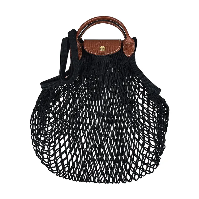 【LONGCHAMP】LONGCHAMP LE PLIAGE FILET奔馬LOGO棉質滾邊牛皮邊釦式手提肩背漁網包(大/黑)