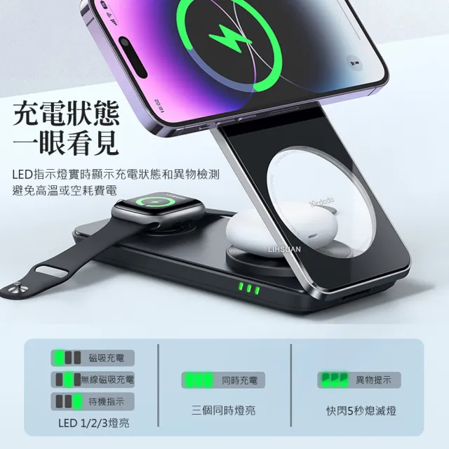 【Mcdodo 麥多多】三合一磁吸無線充電盤充電器充電座 合平(iPhone/Apple Watch 7/6/5/4/3/2/AirPods Pro)