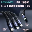 【USAMS】PD 100W 5 in 1 急速充電編織線 1.2m(最高輸出100W 同步快充 多種快充協議 智能晶片)