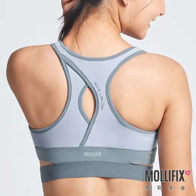 【Mollifix 瑪莉菲絲】織帶交叉鏤空美背運動內衣、瑜珈服、無鋼圈、開運內衣(淺藍)