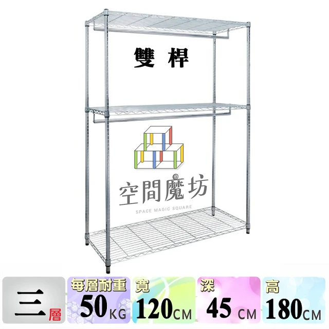 空間魔坊 雙桿三層附藍色布套吊衣架組 120x45x180cm 45120(波浪架 鐵力士架 鐵架 收納 層架 置物架)