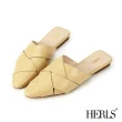 【HERLS】穆勒鞋-全真皮交錯編織平底穆勒鞋(黃色)