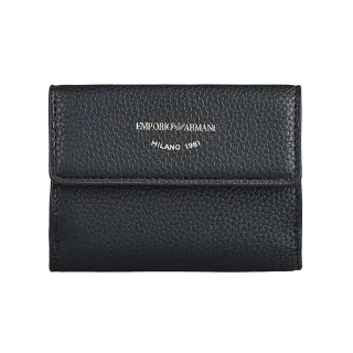 【EMPORIO ARMANI】EMPORIO ARMANI MyEA經典燙金LOGO荔枝小牛皮1卡釦式三折短夾(黑)