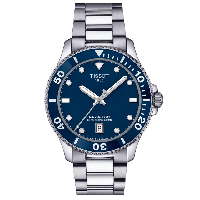 【TISSOT 天梭】Seastar 1000 海洋之星300米潛水對錶 情侶手錶 送行動電源(T1204101104100+T1202101104100)