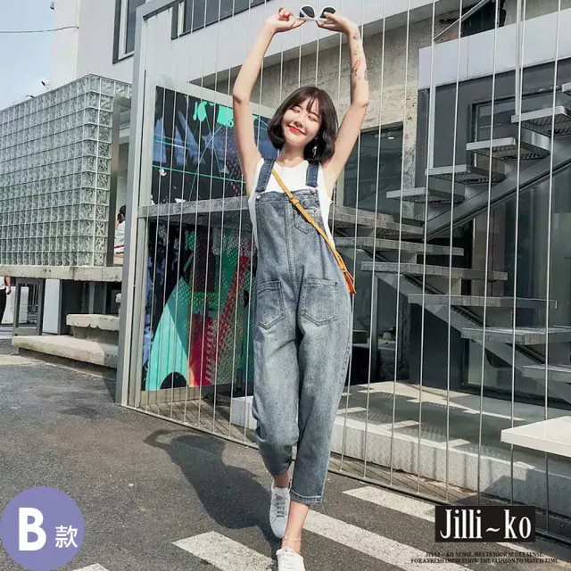 【JILLI-KO】韓版丹寧系列可調整開扣吊帶短裙 吊帶褲 牛仔裙 長裙-F(多款任選)