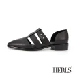 【HERLS】低跟鞋-全真皮魚骨鏤空側V橢圓頭低跟鞋(黑色)
