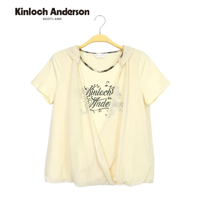 Kinloch Anderson 氣質印花字母假兩件交叉拼接網紗連帽T 短袖上衣 T恤 金安德森女裝(粉黃)